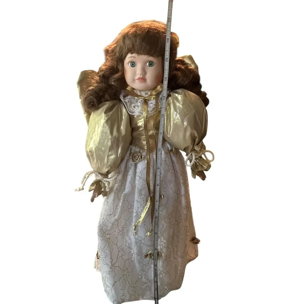 Porcelain Angel Doll Gold White Lace Dress Curly Brown Hair Decor Collectible